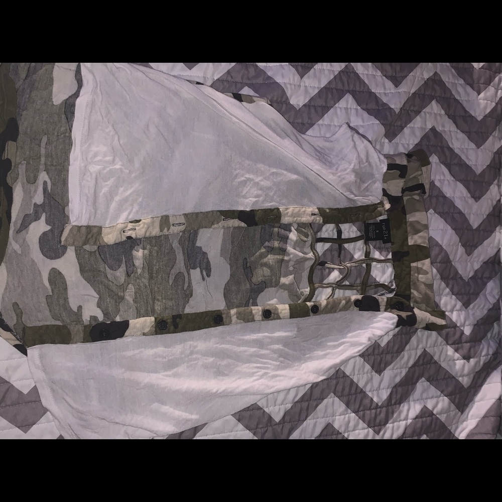 camouflage and white cardigan